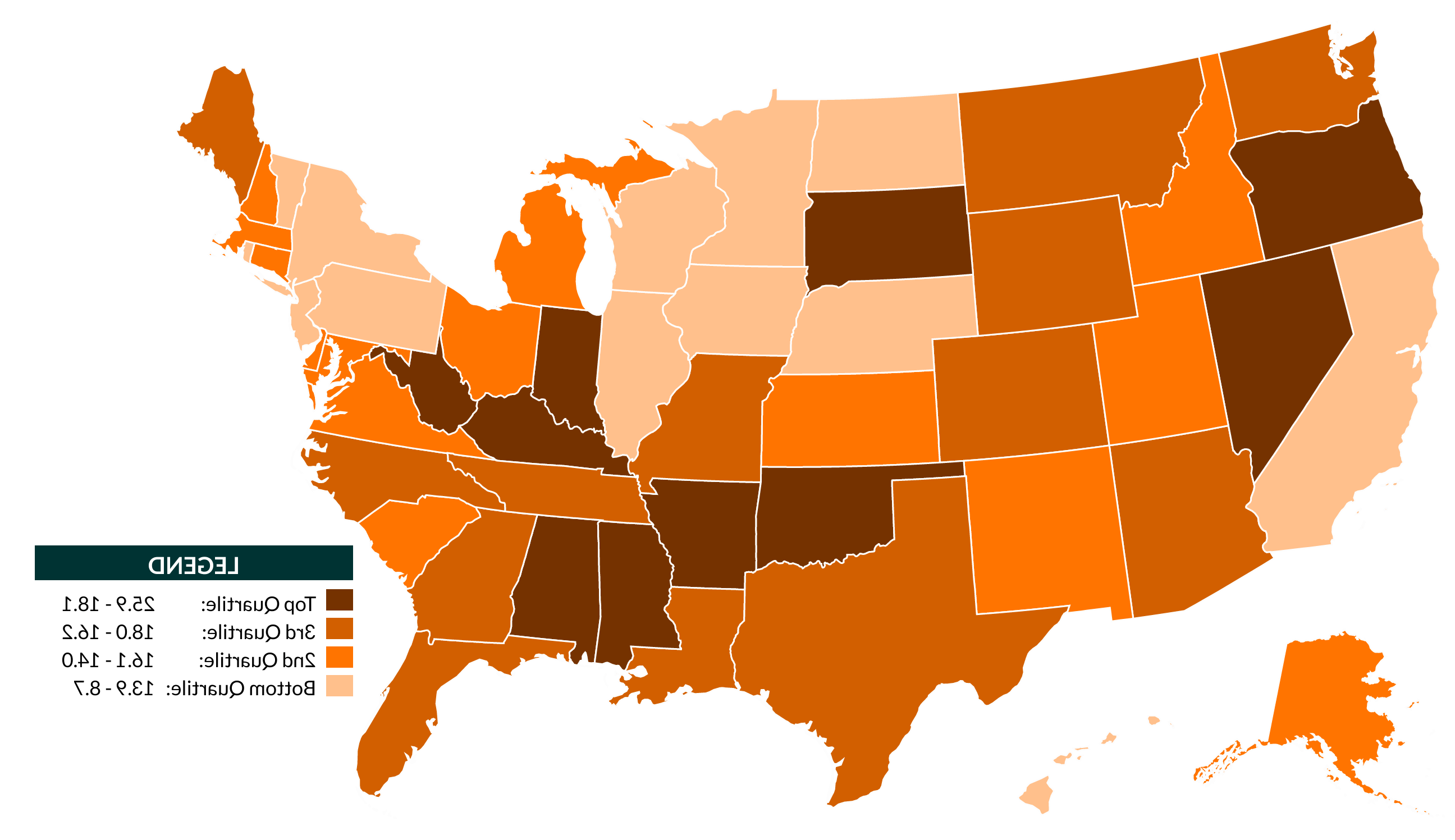 不同深浅的橙色显示美国图4. 美国各州女性调整后离婚率的地理差异，2018